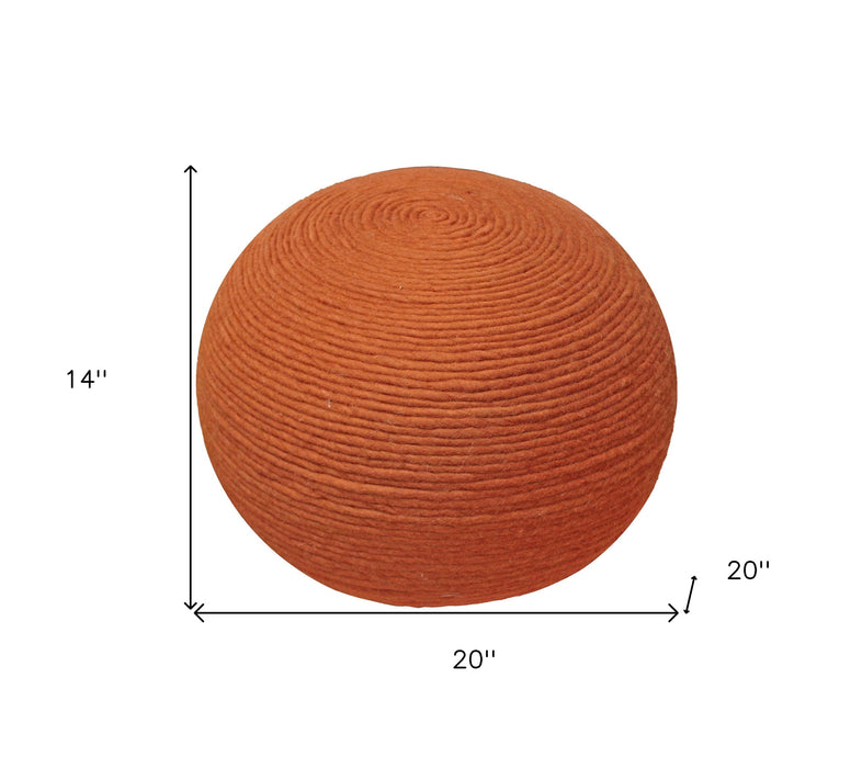 20" Orange Wool Round Ribbed Pouf Ottoman