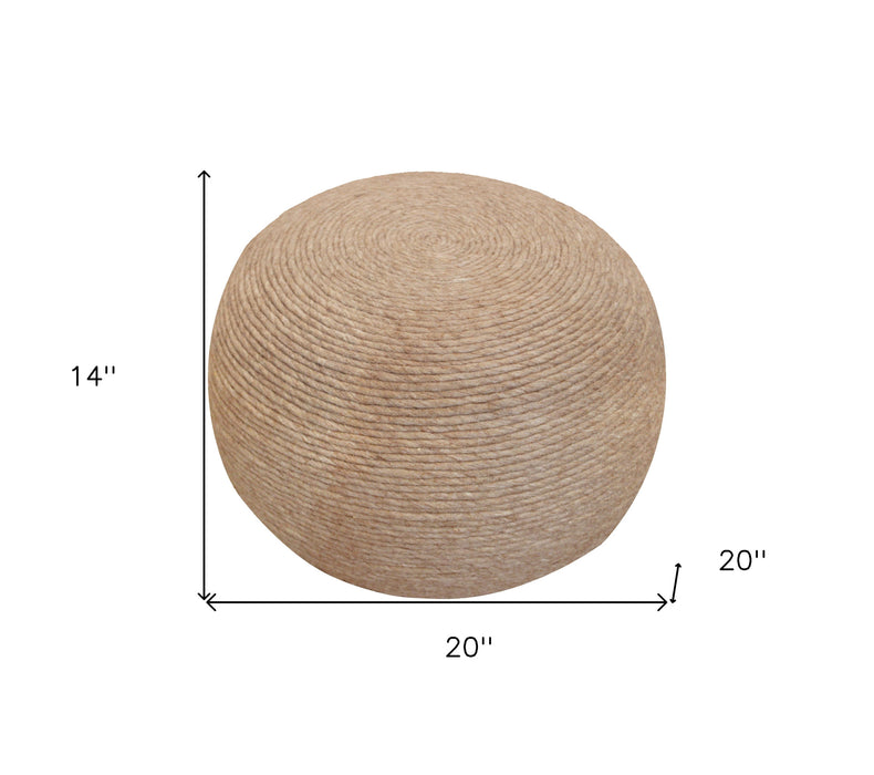 20" Beige Wool Round Ribbed Pouf Ottoman