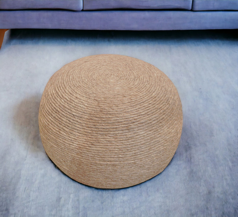 20" Beige Wool Round Ribbed Pouf Ottoman