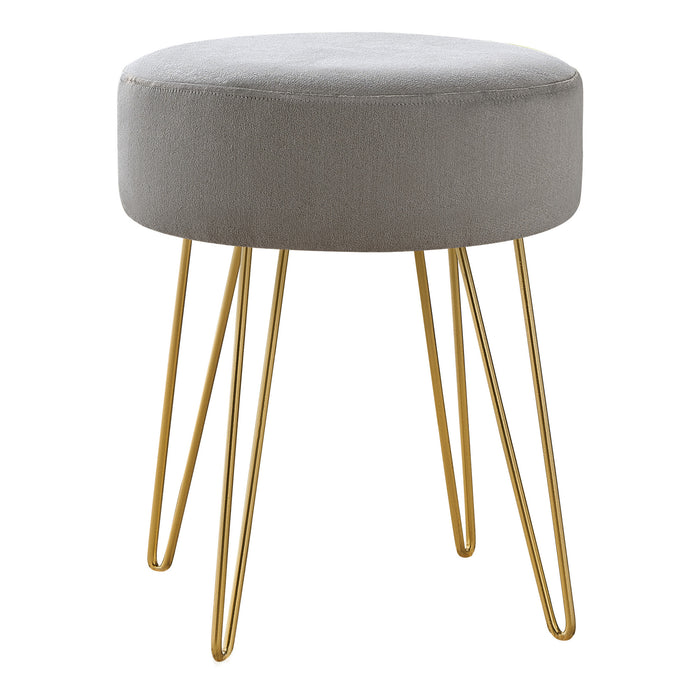 14" Gray Velvet And Gold Round Ottoman