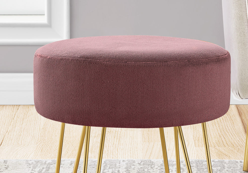 14" Plum Velvet And Gold Round Ottoman