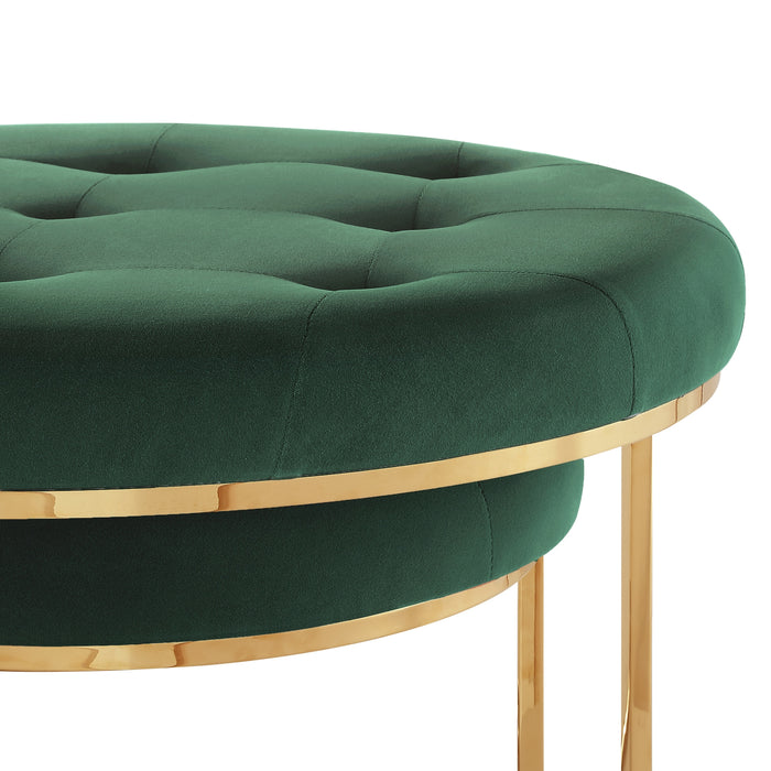 Set of Two Green Velvet and Gold Tufted Round Ottomans