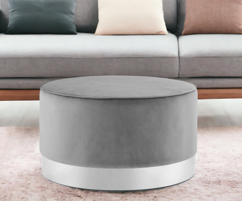 31" Gray Velvet and Silver Round Cocktail Ottoman