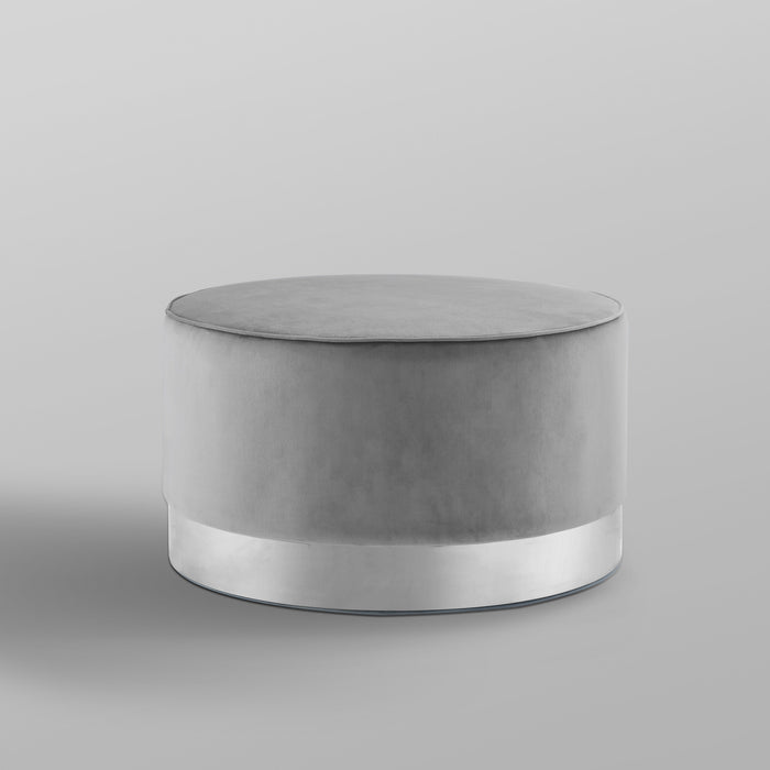 31" Gray Velvet and Silver Round Cocktail Ottoman