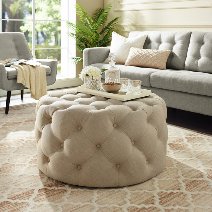 33" White Linen Rolling Tufted Round Cocktail Ottoman