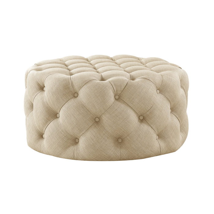 33" White Linen Rolling Tufted Round Cocktail Ottoman