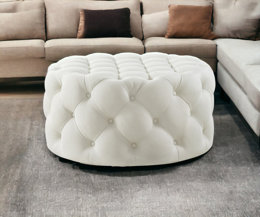 33" White Linen Rolling Tufted Round Cocktail Ottoman