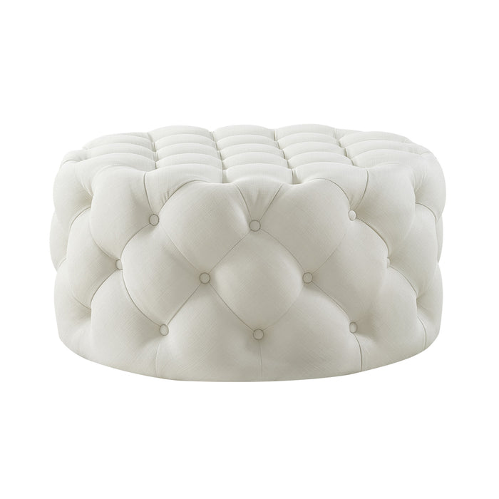 33" White Linen Rolling Tufted Round Cocktail Ottoman