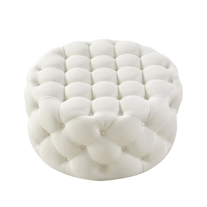 33" White Linen Rolling Tufted Round Cocktail Ottoman