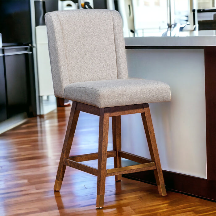 26" Taupe and Brown Solid Wood Swivel Bar Chair