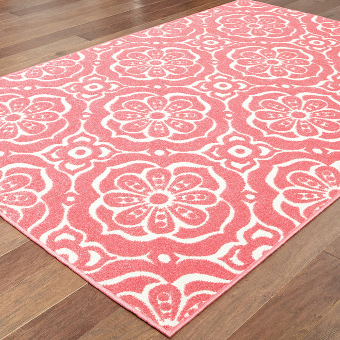 10' X 13' Pink Floral Stain Resistant Indoor Outdoor Area Rug