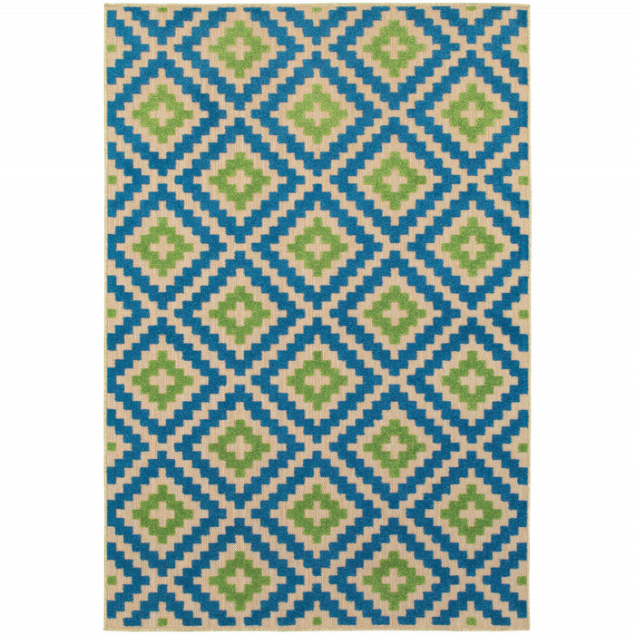 10' X 13' Blue and Beige Geometric Stain Resistant Indoor Outdoor Area Rug