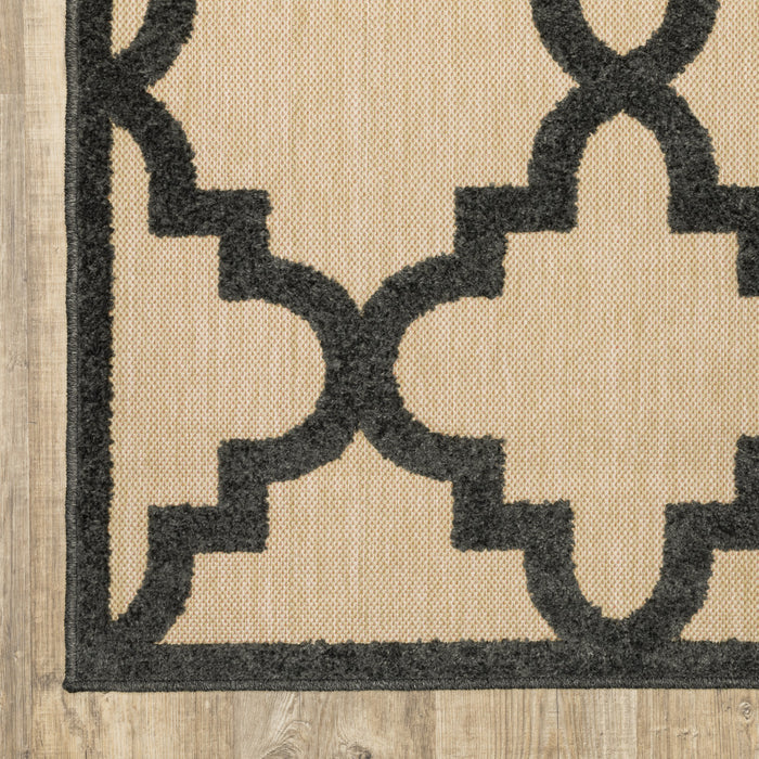 10' X 13' Beige and Black Geometric Stain Resistant Indoor Outdoor Area Rug