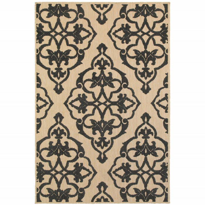 10' X 13' Beige and Black Oriental Stain Resistant Indoor Outdoor Area Rug