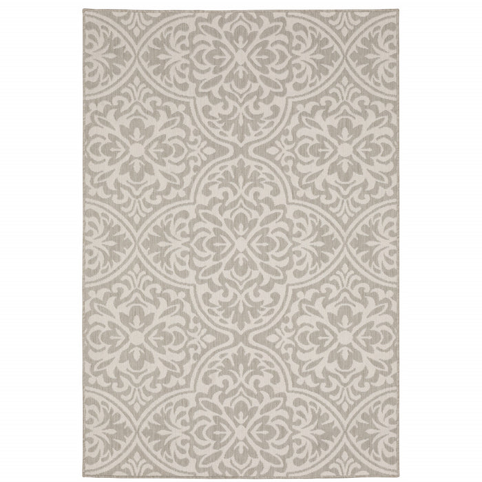 10' X 13' Gray and Ivory Floral Stain Resistant Indoor Outdoor Area Rug