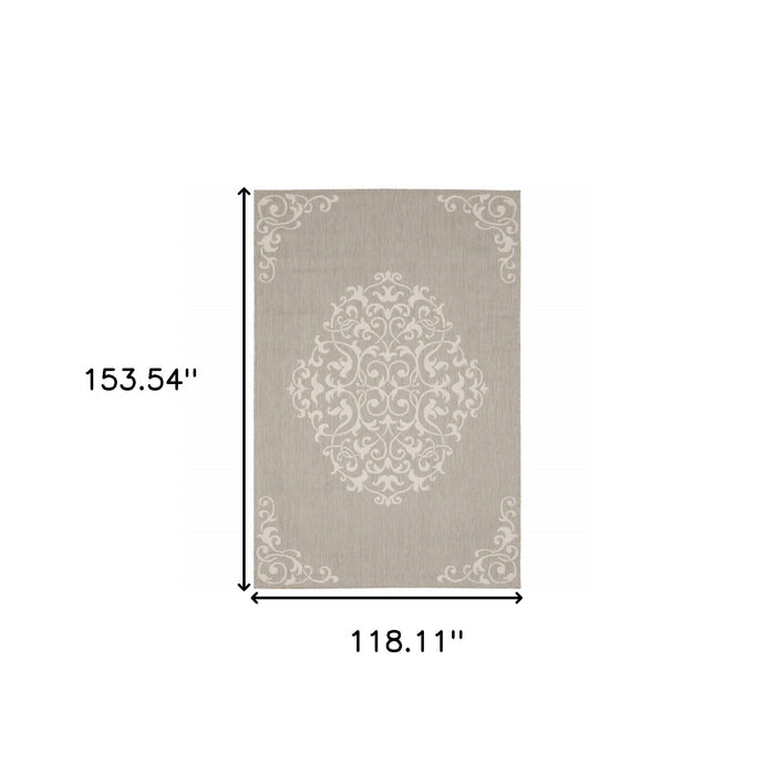 10' X 13' Gray and Ivory Oriental Stain Resistant Indoor Outdoor Area Rug