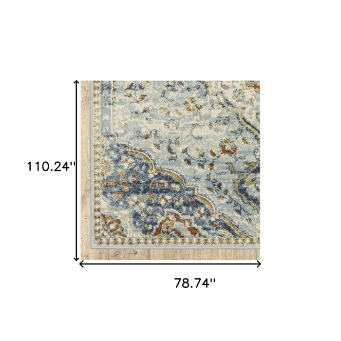 6' X 9' Blue Beige Rust Gold And Teal Oriental Power Loom Stain Resistant Area Rug