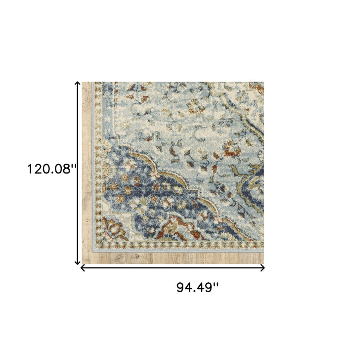 8' X 10' Blue Beige Rust Gold And Teal Oriental Power Loom Stain Resistant Area Rug