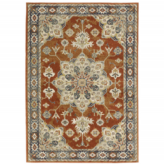 5' X 7' Rust Beige Teal Blue And Gold Oriental Power Loom Stain Resistant Area Rug