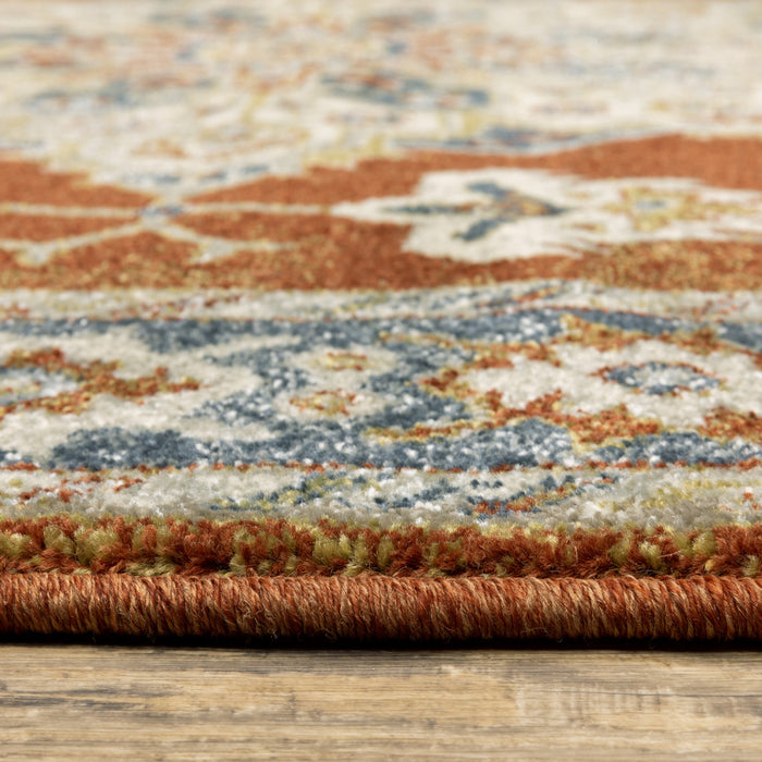 5' X 7' Rust Beige Teal Blue And Gold Oriental Power Loom Stain Resistant Area Rug