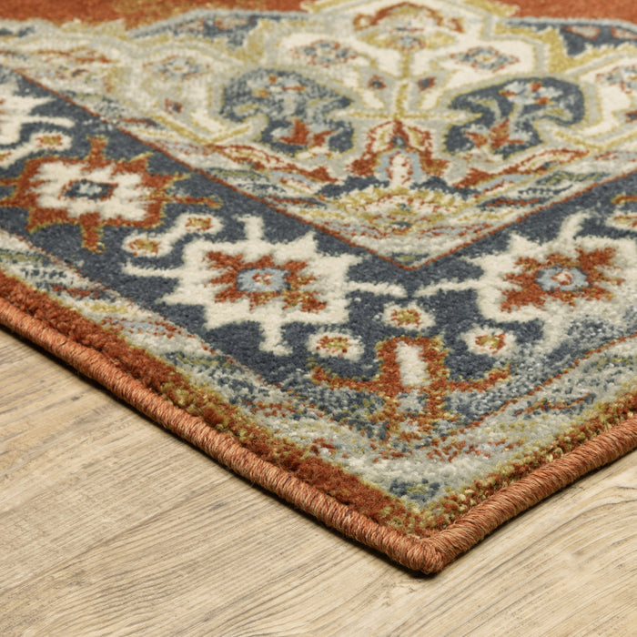 10' X 13' Rust Beige Teal Blue And Gold Oriental Power Loom Stain Resistant Area Rug