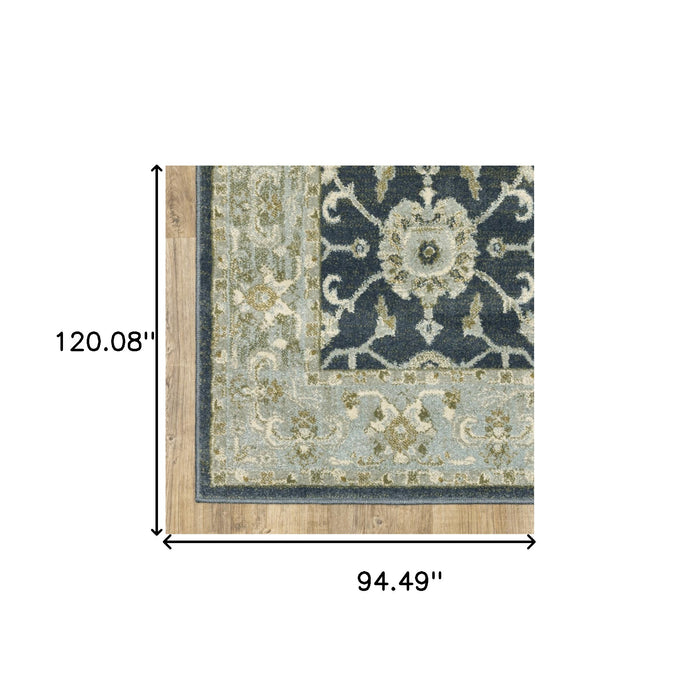 8' X 10' Teal Blue Ivory Green And Grey Oriental Power Loom Stain Resistant Area Rug