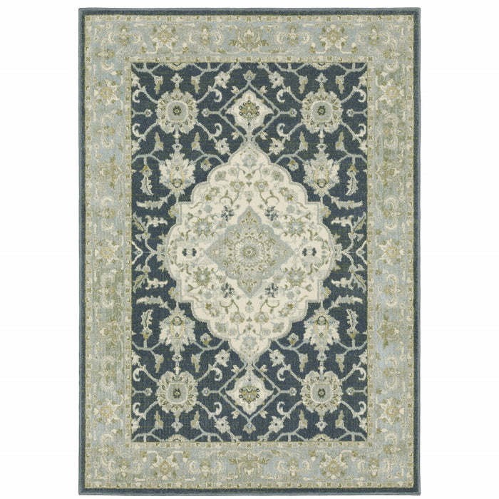 8' X 10' Teal Blue Ivory Green And Grey Oriental Power Loom Stain Resistant Area Rug