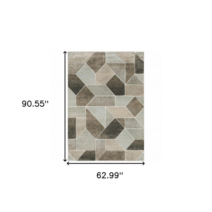 5' X 8' Grey Brown Beige Tan Taupe And Ivory Geometric Power Loom Stain Resistant Area Rug