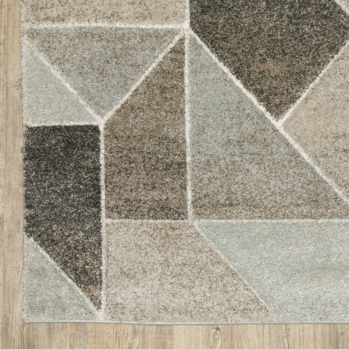 5' X 8' Grey Brown Beige Tan Taupe And Ivory Geometric Power Loom Stain Resistant Area Rug