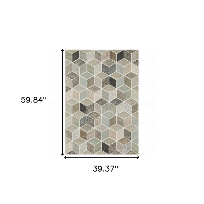 3' X 5' Beige Brown Grey Tan Sage And Pale Blue Geometric Power Loom Stain Resistant Area Rug