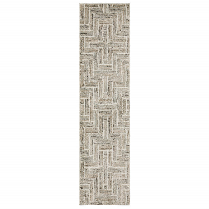 2' X 8' Beige And Ivory Geometric Power Loom Runner Rug