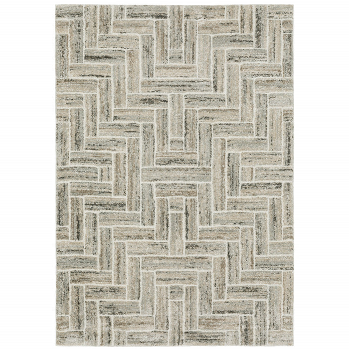 3' X 5' Ivory Beige Grey Brown Pale Blue And Charcoal Geometric Power Loom Stain Resistant Area Rug