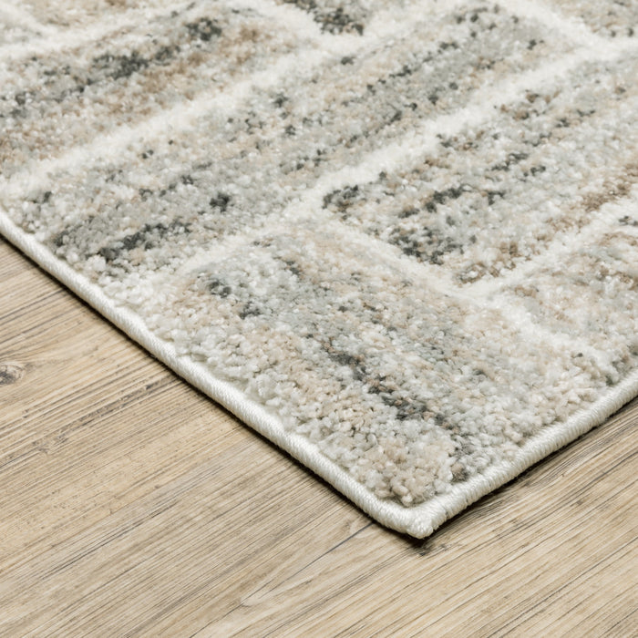 3' X 5' Ivory Beige Grey Brown Pale Blue And Charcoal Geometric Power Loom Stain Resistant Area Rug