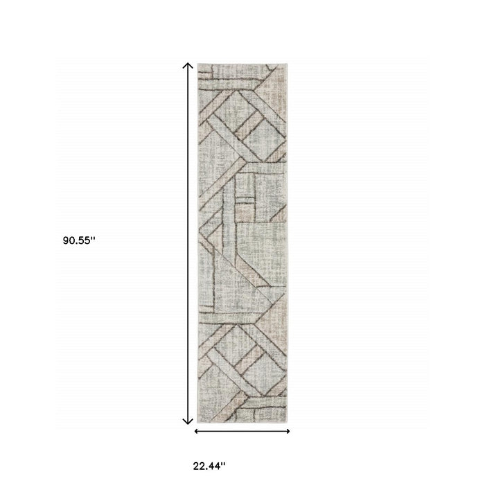 2' X 8' Grey Beige Sage Brown Tan Charcoal And Pale Blue Geometric Power Loom Stain Resistant Runner Rug