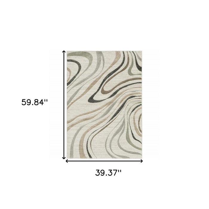 3' X 5' Beige Grey Brown Sage Pale Blue Tan And Charcoal Abstract Power Loom Stain Resistant Area Rug