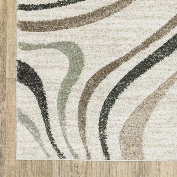 5' X 8' Beige Grey Brown Sage Pale Blue Tan And Charcoal Abstract Power Loom Stain Resistant Area Rug