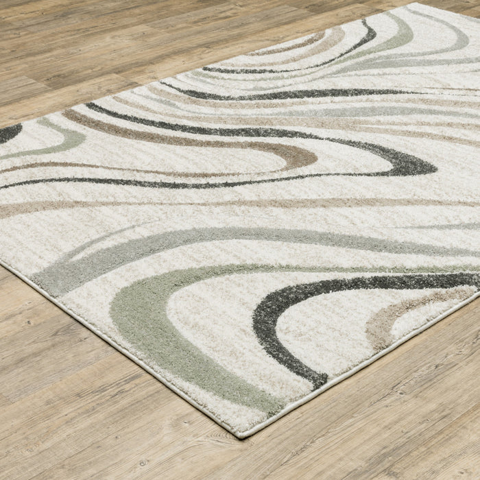 6' X 9' Beige Grey Brown Sage Pale Blue Tan And Charcoal Abstract Power Loom Stain Resistant Area Rug