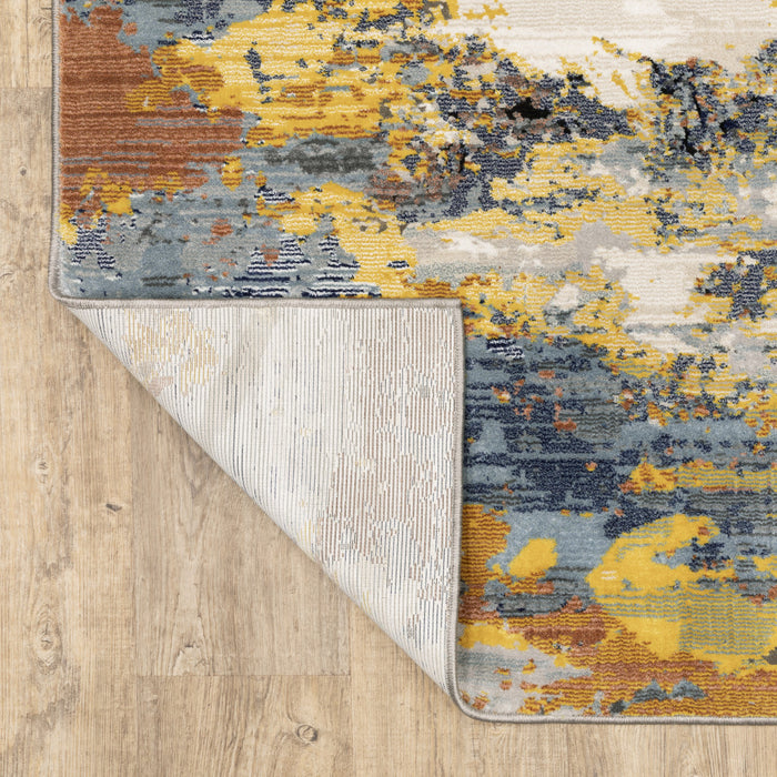 10' X 13' Yellow Gold Blue Grey Brown And Beige Abstract Power Loom Stain Resistant Area Rug