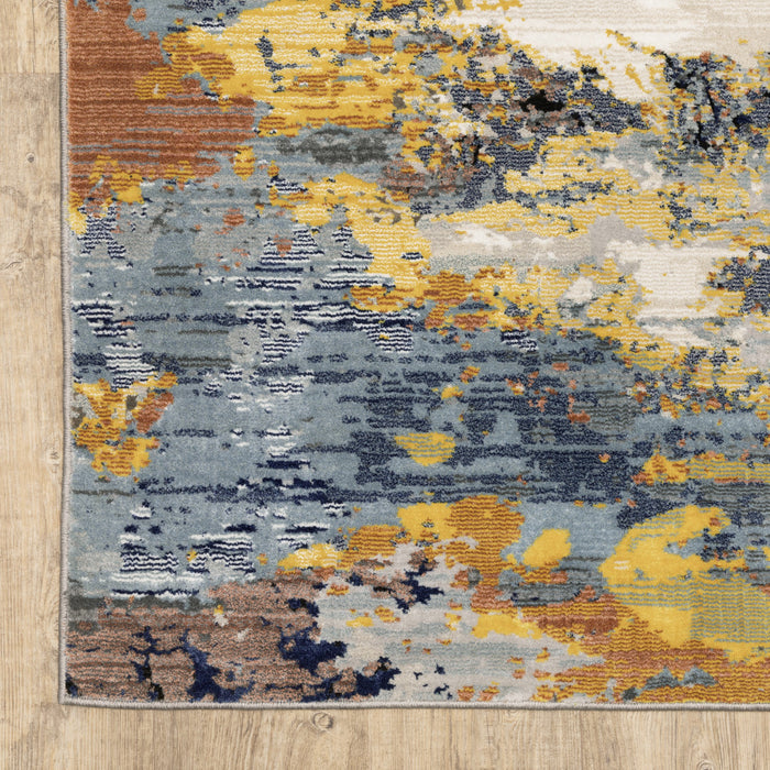 10' X 13' Yellow Gold Blue Grey Brown And Beige Abstract Power Loom Stain Resistant Area Rug