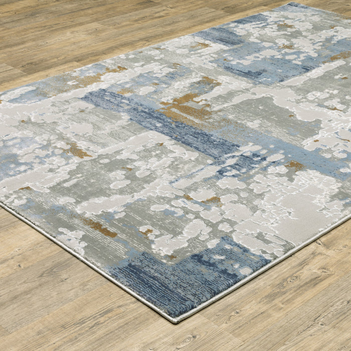 10' X 13' Grey Blue Navy Ivory And Brown Abstract Power Loom Stain Resistant Area Rug