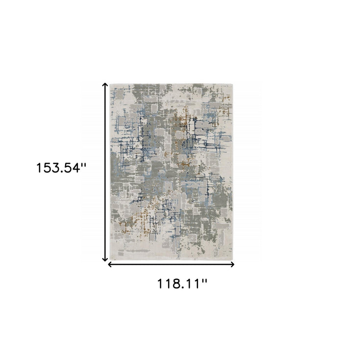 10' X 13' Grey Blue Brown Ivory And Deep Blue Abstract Power Loom Stain Resistant Area Rug