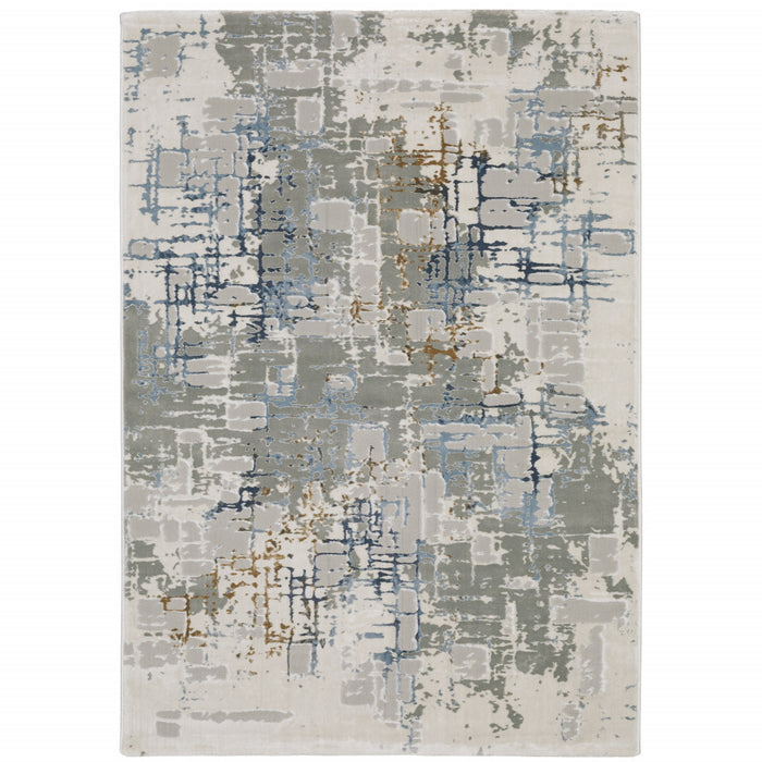 10' X 13' Grey Blue Brown Ivory And Deep Blue Abstract Power Loom Stain Resistant Area Rug