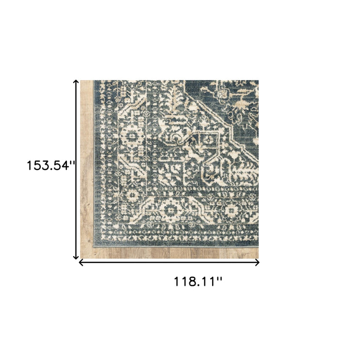 10' X 13' Beige Grey And Blue Oriental Power Loom Stain Resistant Area Rug