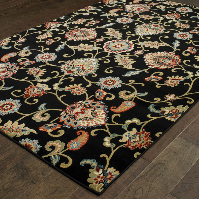 10' X 13' Black Red Green Ivory Salmon And Yellow Floral Power Loom Stain Resistant Area Rug