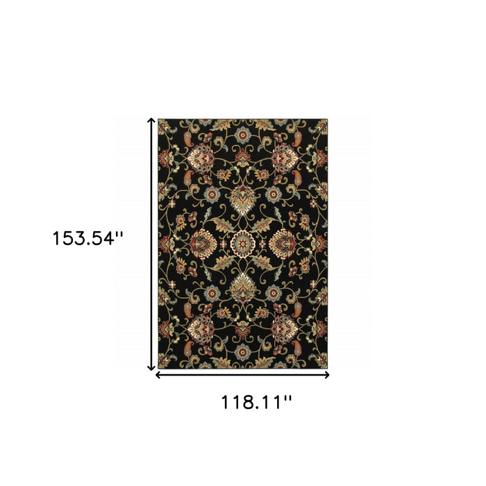 10' X 13' Black Red Green Ivory Salmon And Yellow Floral Power Loom Stain Resistant Area Rug