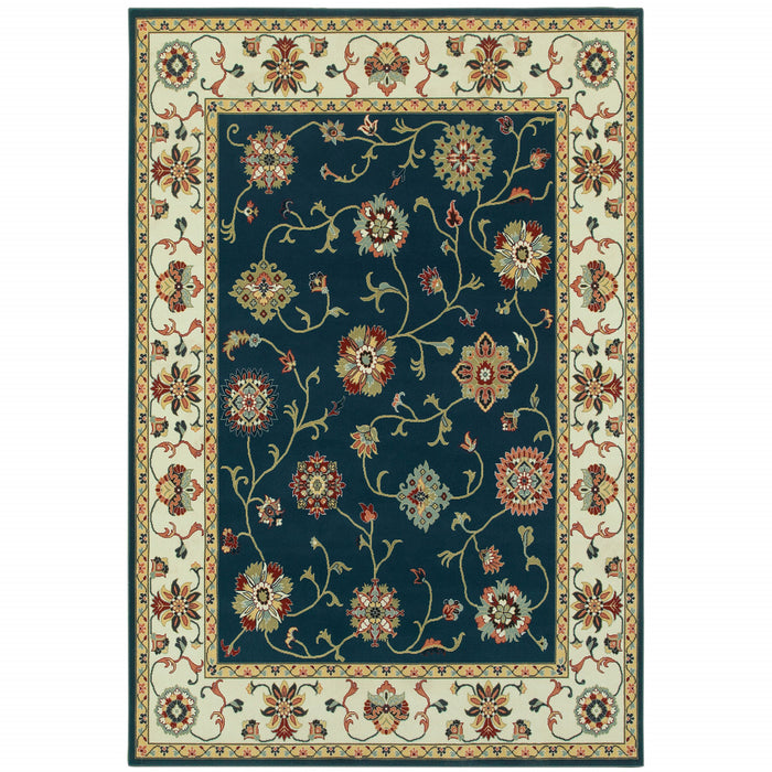 10' X 13' Navy And Ivory Oriental Power Loom Stain Resistant Area Rug