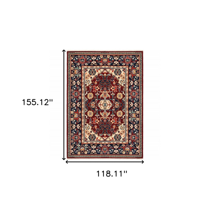 10' X 13' Red Blue Orange And Beige Oriental Power Loom Stain Resistant Area Rug With Fringe