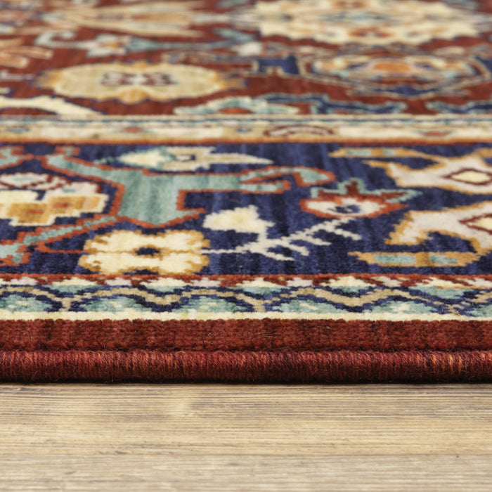 10' X 13' Red Blue Orange And Beige Oriental Power Loom Stain Resistant Area Rug With Fringe