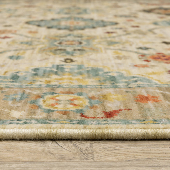 10' X 13' Beige Pale Blue Rust Gold Tan Brown And Orange Oriental Power Loom Stain Resistant Area Rug With Fringe