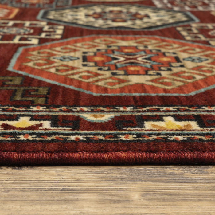 10' X 13' Red Blue Brown And Beige Oriental Power Loom Stain Resistant Area Rug With Fringe